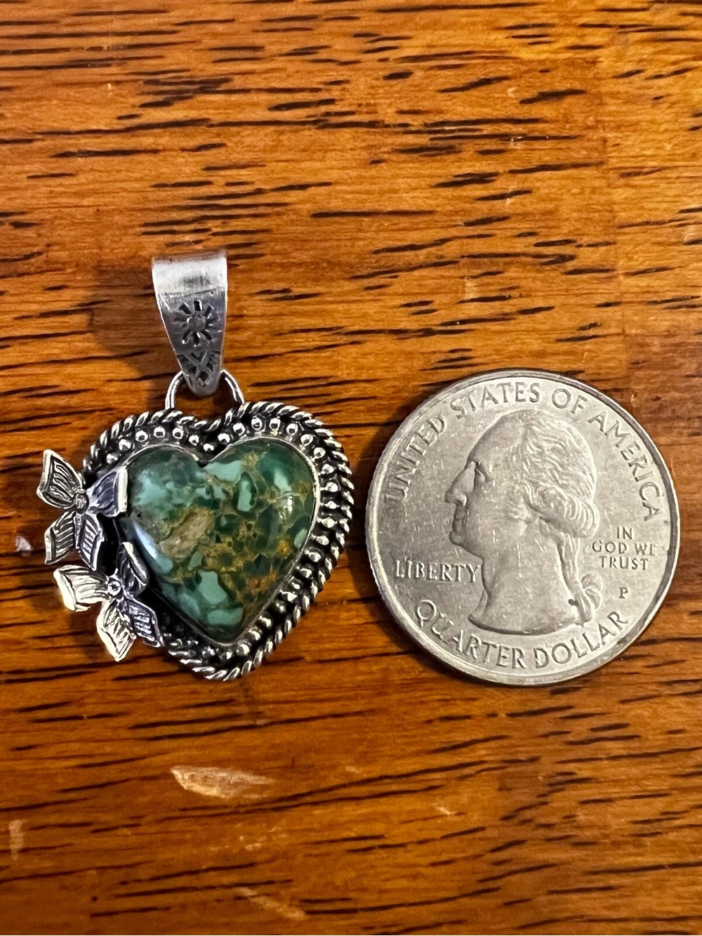 Sterling Silver Green Kingman Turquoise Heart Pendant | Southwestern - Picture 11 of 12